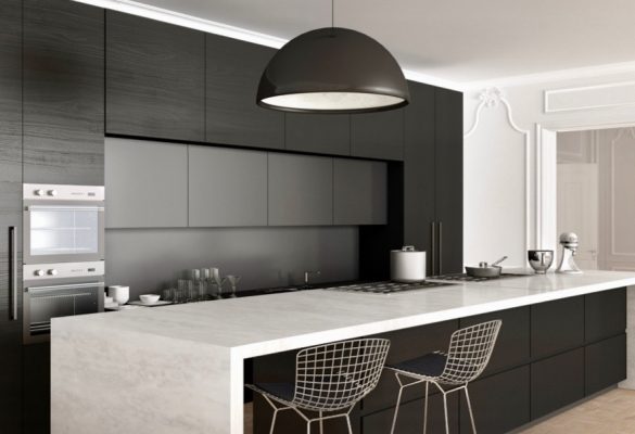 Moderne schwarze Einbauküche mit integriertem Ofen